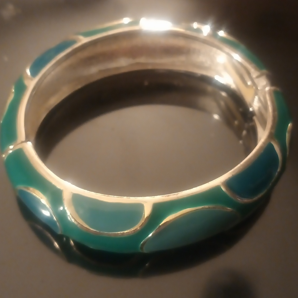 Green teal and baby blue ,gold tone hinged bangle bracelet